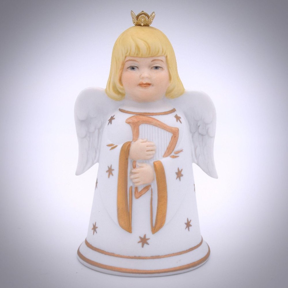 😎 Kaiser Vintage Bell Ornament Christmas Porcelain Blonde Angel Harp Signed
